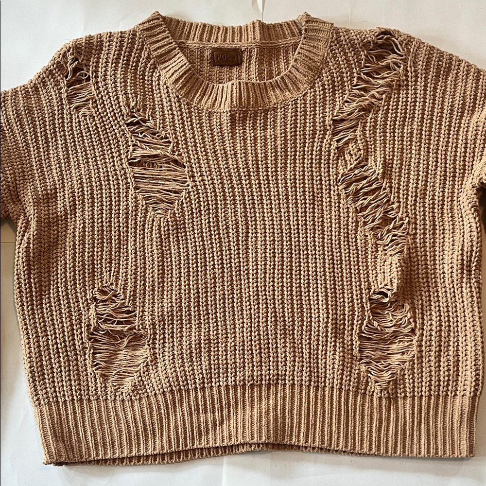 POL Tan Distressed Crew Neck Sweater woman’s oversized small beige chunky top